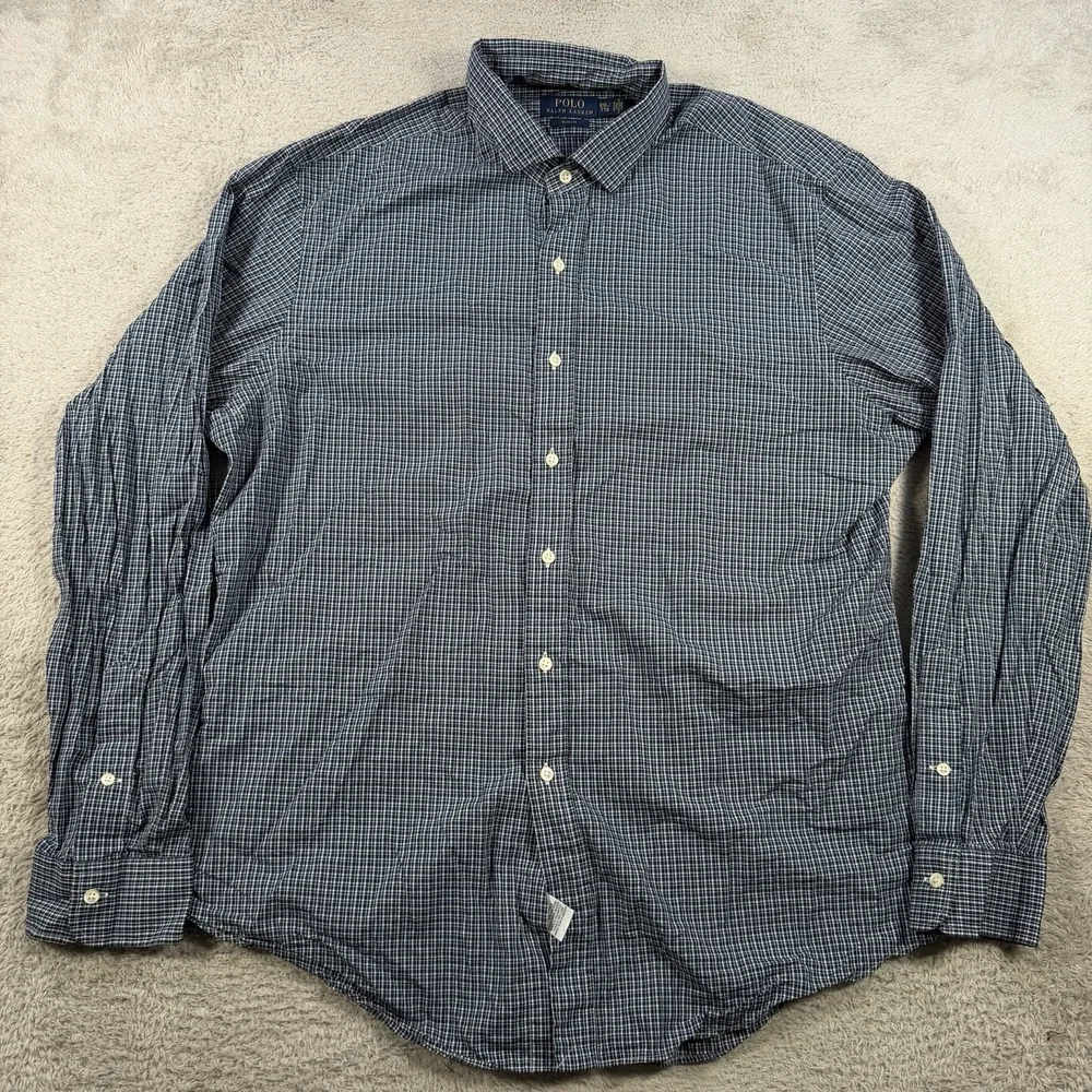 Polo Ralph Lauren Shirt Men 2XL Blue Plaid Slim Fit Long Sleeve Button Up Cotton